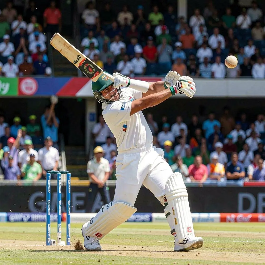 Dynamic cricket batting action in a packed stadium highlighting the intensity of the game and live betting opportunities with 6KBD in Bangladesh
