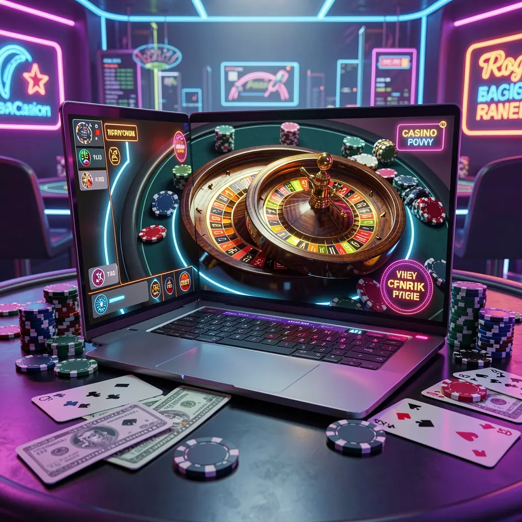 6KBD – Experience modern online roulette gameplay for Bangladeshi players Futuristic online roulette game on a laptop surrounded by casino chips and cards representing immersive digital gaming at 6KBD in Bangladesh