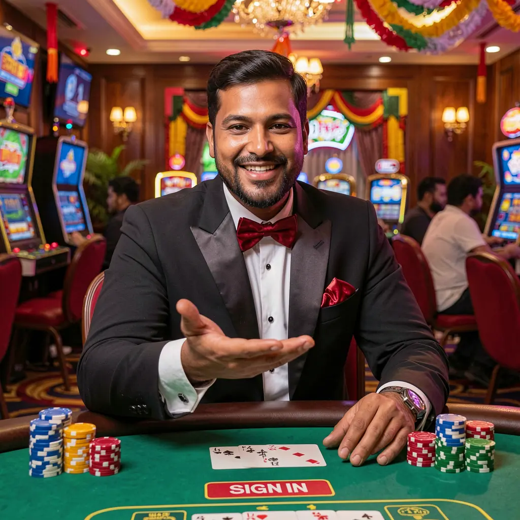 Confident Bangladeshi casino dealer in a red vest welcoming players at a live table inside the immersive 6KBD casino platform